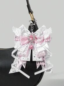ROMWE Anime 1pc Kawaii Sweet Cute Music Note Print Lace Patchwork 3D Wing Y2K Star Foil Print Bow Shaped Keychain & Keyring, Handmade Lolita Campus Card Holder Bag Charm