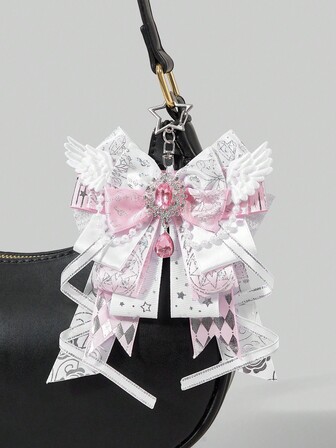 Anime 1 Stück Kawaii süß niedlich Musiknoten Muster Spitze Patchwork 3D Flügel Y2K Sternfoliendruck Schleifen-förmiger Schlüsselanhänger & Schlüsselring, handgemachter Lolita Campus Kartenhalter Taschenbaumler