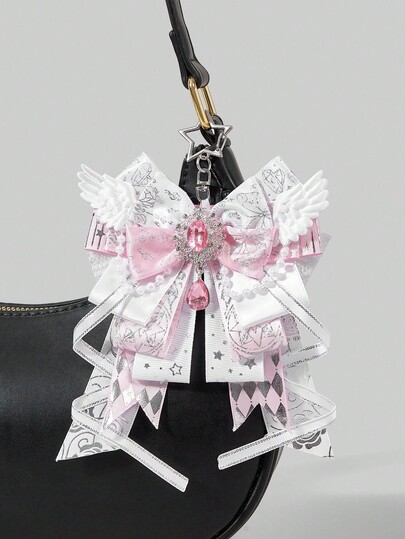 Anime 1 pièce Porte-clés et porte-clés en forme de nœud avec impression de note de musique kawaii, douce et mignonne, patchwork en dentelle, ailes 3D, impression de feuille d'étoile Y2K. Porte-carte de campus fait main Lolita Charm