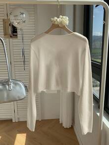 Comfortcana 大码圆领蝴蝶结撞色休闲开衫，秋冬 - 白色 - 查看 2