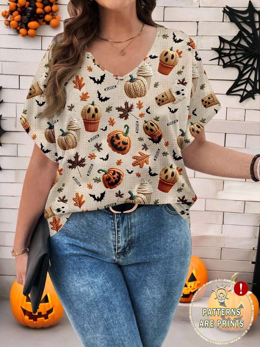 EMERY ROSE Áo thun tay ngắn cổ chữ V in hình quả bí ngô thường ngày rộng rãi cho nữ mặc Halloween cỡ lớn, trang phục Halloween cho lễ hội đêm đi chơi - Nhiều màu - Xem 1
