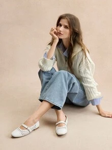 Rosivie 女士 PU 编织透气网眼平底鞋，纯色，方头，踝带，舒适休闲鞋，适合所有季节的可爱鞋子