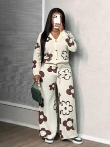 Slaydiva New Year Holiday New Autumn And Winter Casual Floral Pattern V-Neck Long-Sleeved Open Placket Cardigan+ Wide-Leg Pants Two Pieces Set Two Piece Set Women Floral Two Piece Set,Fall - Brown - View 4