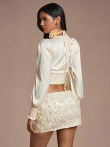 Glamine Apricot Long Sleeve V-Neck Twist Lantern Sleeve Short Blouse, Elegant For Banquet Cream Top Twist Top, Date Night Women's And Autumn Wedding Guest Fall Cloth For Women - Apricot - View 2