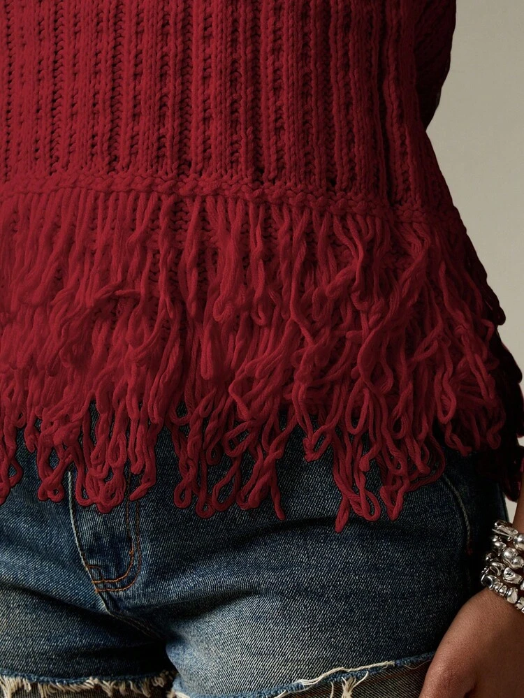 MISSGUIDED Trendsetter Ribbed Knit Fringe Hem Tank Top High Neck Sleeveless Summer Festival Boho Style Sweater Vest Top For Vacation Beach Party Christmas