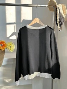Comfortcana Cárdigan de cuello redondo con botones delanteros y ribete de contraste, talla grande para otoño/invierno - Blanco y Negro - Ver 5