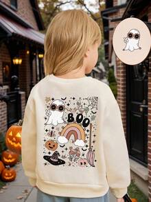 万圣节角色扮演服装，女孩休闲创意卡通鬼南瓜彩虹图案基本款圆领运动衫，秋季服装 - 卡其色 - 查看 3