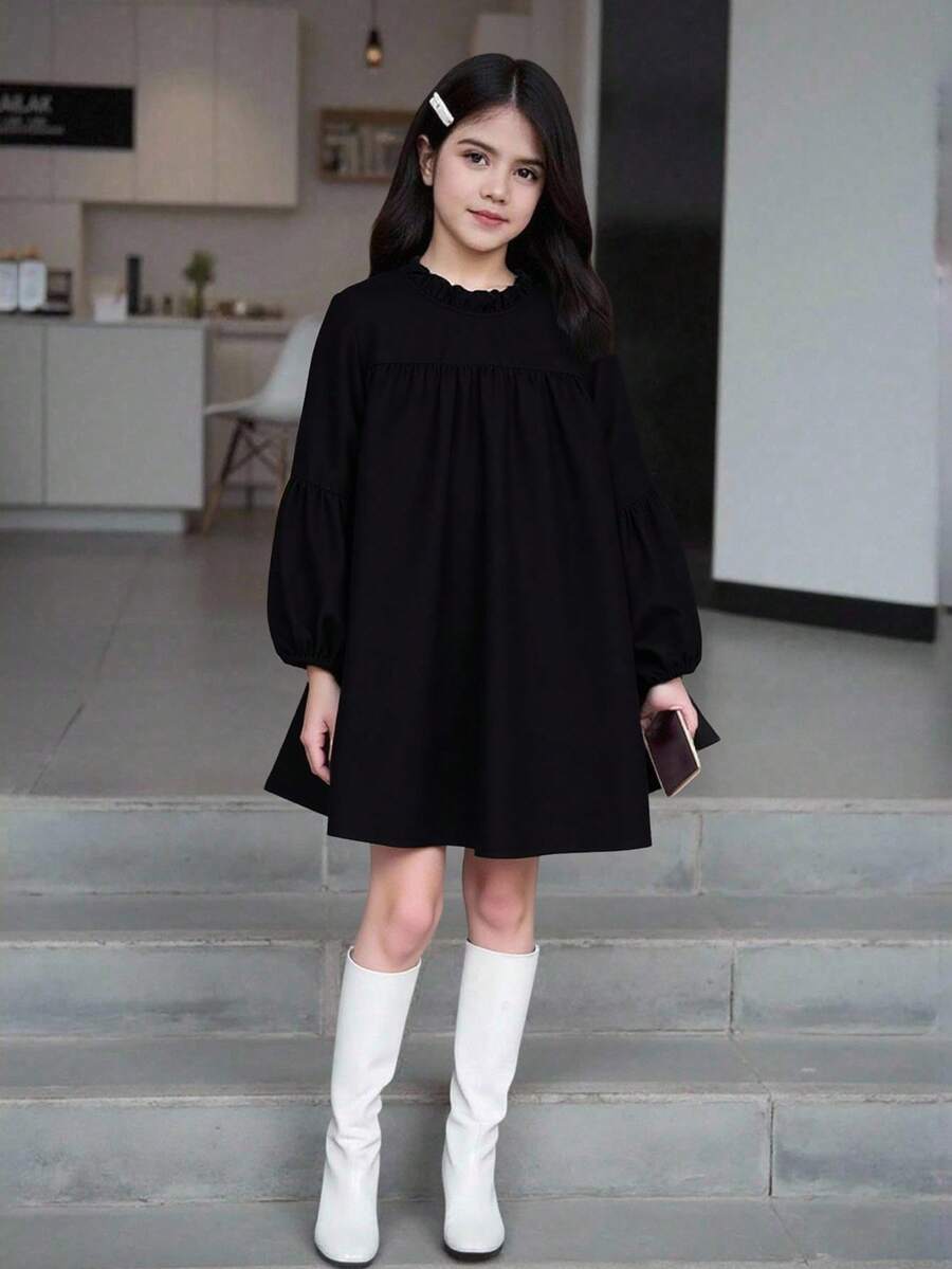 SHEIN Tween Girl Sweet Ruffle Lantern Sleeve Dress, Suitable For Autumn/Winter - Black - View 1