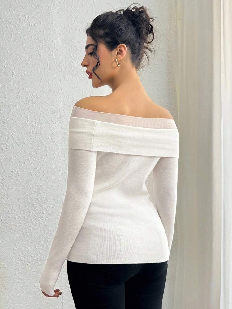 Women's Elegant Patchwork Bow Knitted Sweater, Autumn Off Shoulder Top Cute Tops