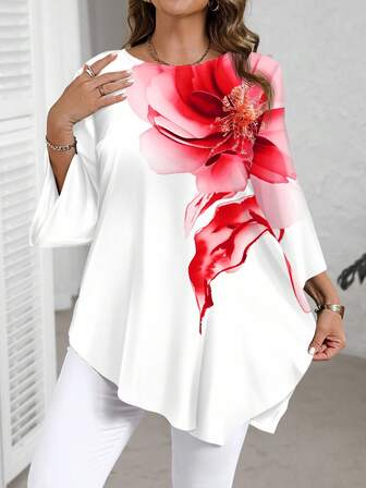 SHEIN CURVE+ 休闲简约红色加大码花卉不对称七分袖印花加大码连衣裙，适合秋夏季