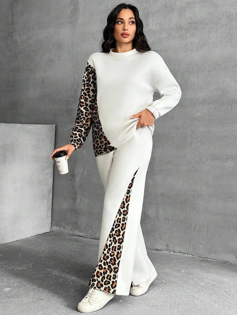 EURMUSE Leopard Detailed White Sweatpants And Sweatshirt - White - View 1