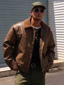 DAZY Men's Brown Leather Patchwork Collar Thick Insulated Jacket, Winter - Brown - View 1