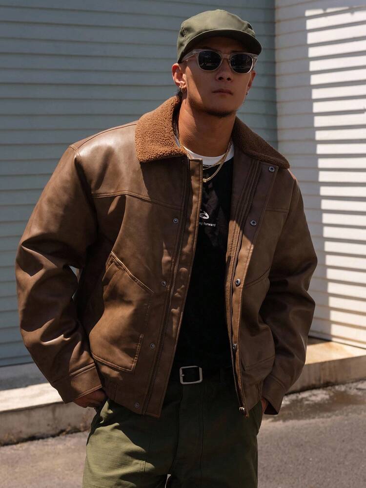 Men's Brown Leather Patchwork Collar Thick Insulated Jacket, Winter