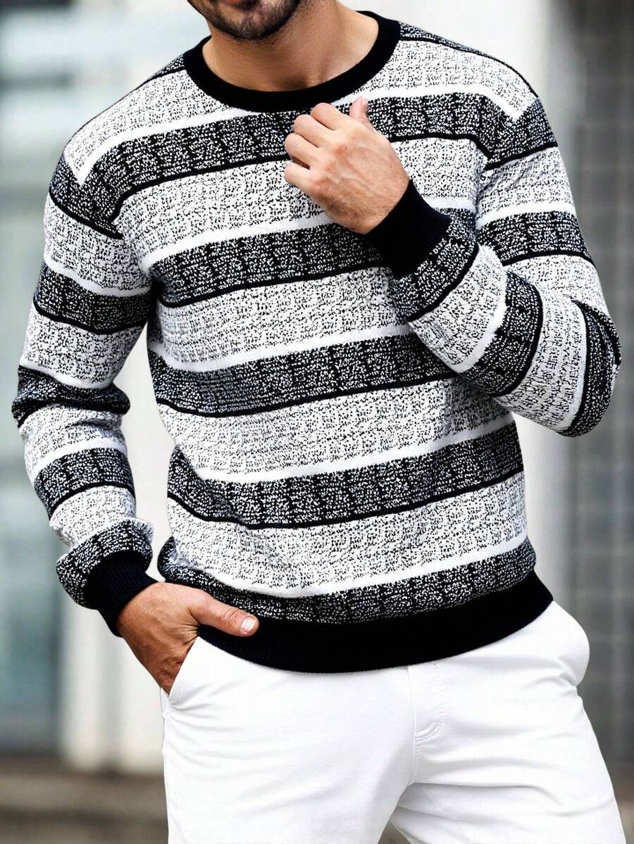 EURMUSE 男士条纹秋冬时尚圆领常规款毛衣 - 深灰色 - 查看 1