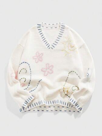 Street Life Suéter casual holgado de manga larga con cuello en V y bordado floral para hombre