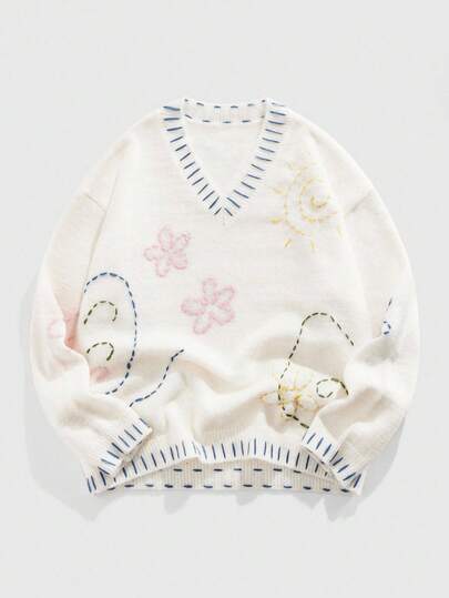 Street Life Men's Floral Embroidery V-Neck Long Sleeve Loose Casual Sweater