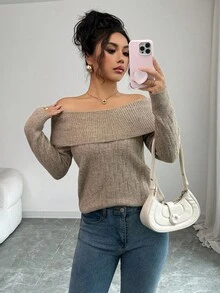 Elenzga Sexy American Style Collared One-Shoulder Fitted Knit Long Sleeve Top, High-End Niche Design For Autumn/Winter - Camel - View 5