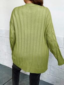 EURMUSE Plus Size Casual Solid Color Cardigan With Dual Pockets, Autumn/Winter - Olive Green - View 2