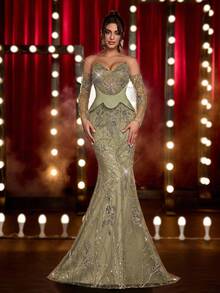 Glamrae Elegant Luxurious Green Off Shoulder Sheer Long Sleeve Mermaid Maxi Dress,Heavily Embellished Gown For Weddings,Parties,Galas,Formal Events - Grass Green - View 4