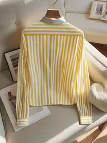 Franclia 女士优雅条纹长袖单排扣衬衫 - 彩色 - 查看 2