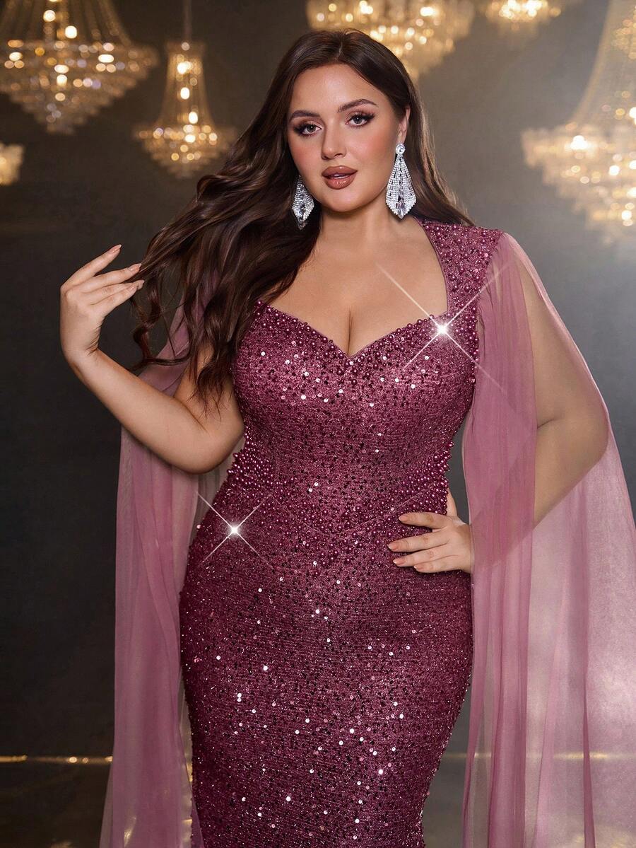 Aureia 加大码优雅浪漫奢华莲花粉色亮片撞色网眼甜心领串珠胸围腰部喇叭袖合身鱼尾下摆连衣裙，适合晚会、约会、度假、舞会、婚礼活动（重度点缀）