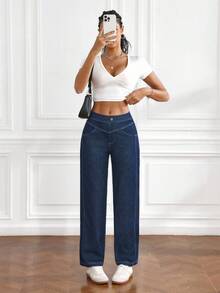 SHEIN Tall Quần jean denim nữ kiểu dáng thường ngày, có túi và cúc - màu đen - Xem 7