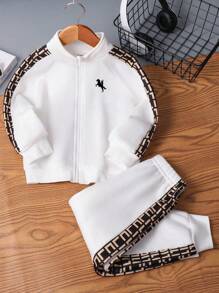 2pcs Baby Boy/Girl Casual Sports Outfit, Loose Fit Letter Graphic Print Decor Zip-Up Jacket And Pants Set, Suitable For Outings, School, Gatherings, Autumn/Winter Back To School Outfits, Fleece Thickened Baby Sportswear 2p Infant Set Baby Tracksuit Baby Casual Sets Fall