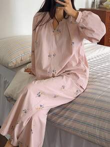 DAZY Floral Print Loose Women Pajama Set, Fall Winter Clothes - Baby Pink - View 7