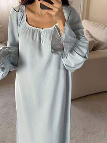 DAZY Vestido largo suelto con mangas farol, cuello de encaje de patchwork y plisado, para mujer. Camisón, pijama de otoño e invierno, atuendo cómodo, Camisón tipo "Moo Moo" - Celeste - Ver 3