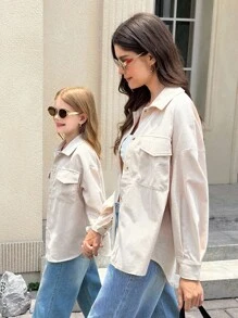 SHEIN 青少年女孩米色燈芯絨翻蓋口袋落肩長袖外套 秋冬休閒街頭風日常穿著夾克 鈕扣開襟襯衫版型 大廓形 - 杏色 - 查看 4