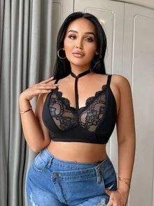 SHEIN Plus Size Lace Patchwork Wireless Bra - Black - View 4