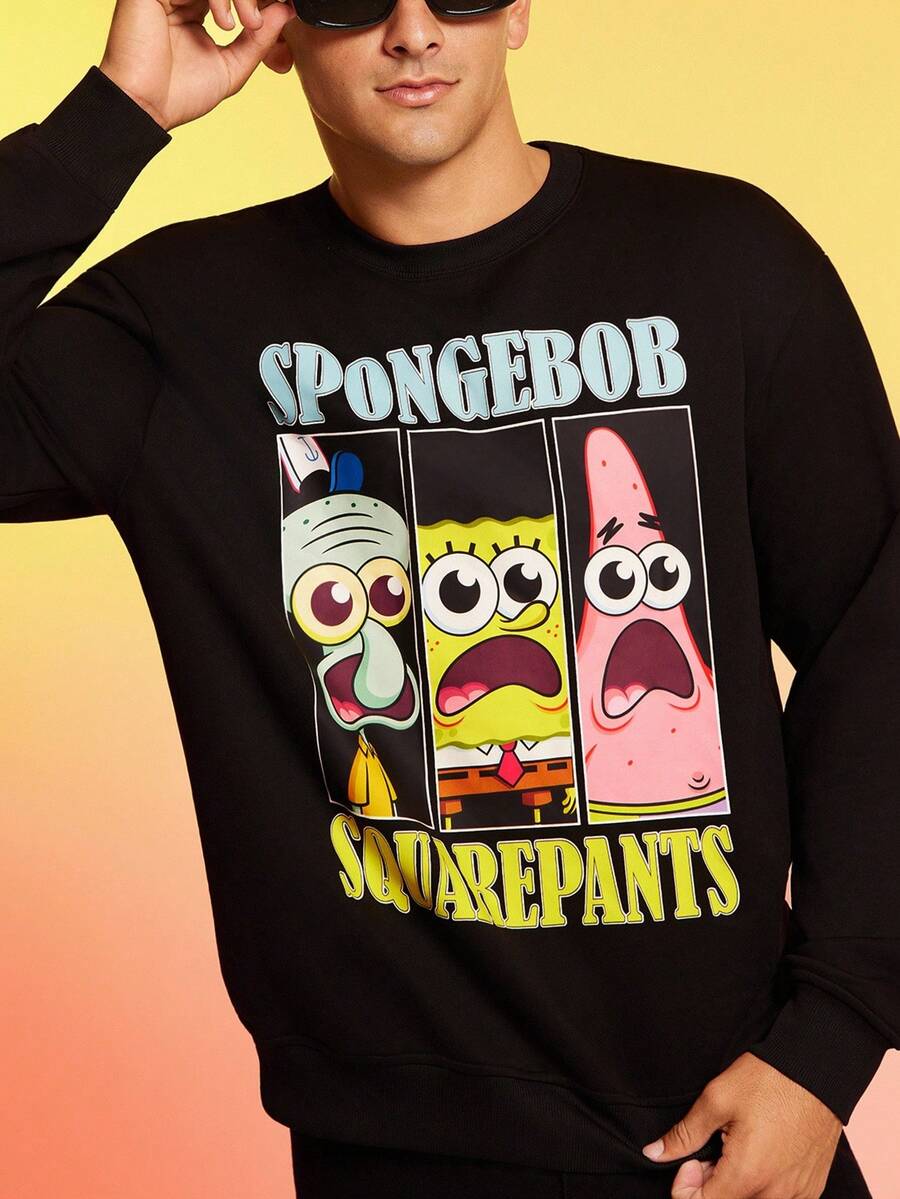 SpongeBob SquarePants | SHEIN Men Letter & Cartoon Pattern Long Sleeve Pullover Sweatshirt, Fall - Black - View 1