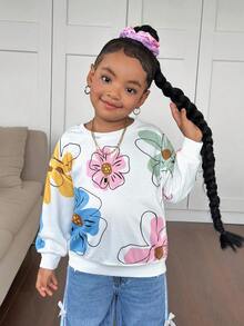 Young Girl Floral Pattern Long Sleeve Sweatshirt,Versatile White Autumn Family Matching Family Vacation Girls Floral Long Sleeve Top,Versatile Tops - Beige - View 6