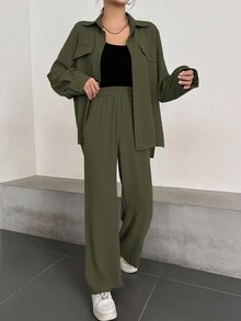 DAZY 女士休闲纯色长袖衬衫长裤两件套，秋季女士家居服套装 - 綠色 - 查看 3
