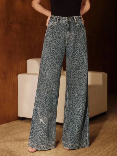 Anewsta Jeans de pierna ancha sueltos con estampado de leopardo y adornos de rhinestone para mujer