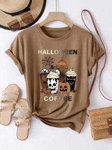 EMERY ROSE Áo thun cổ tròn tay ngắn in hình trái tim và cà phê thường ngày cỡ lớn dành cho nữ mùa hè - màu nâu - Xem 3