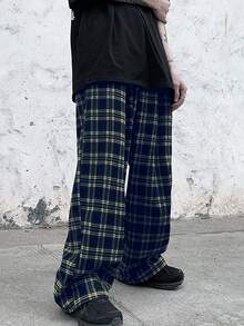 Manfinity Hypemode 宽松男士格子印花抽绳腰裤格子裤阔腿裤原宿裤垃圾裤男士宽松宽裤，2000 年代风格，适合秋季 - 彩色 - 查看 5