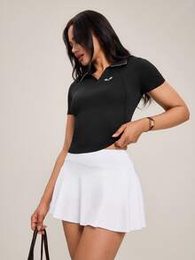 Hanevo 女式网球拍印花 Polo 衫，有领短袖修身运动上衣 - 黑色 - 查看 2