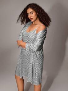 Plus Size Striped Print Simple Casual Sleepwear Dress And Robe Set, Fall Clothes, Cozy Outfit - Light Grey - View 5