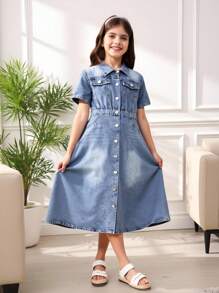 Tween Girls Blue Washed Denim Casual Fitted Short Sleeve Dress, Front Center Placket Button Decor A-Line Mid-Length Dress, Simple And Fashionable Versatile Design For Daily Wear - Medium Wash - View 9