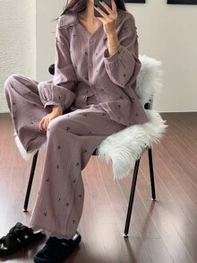 DAZY Ditsy Floral Chiffon Fabric Lace Trim Loose Women Pajama Set, Fall Winter Clothes - Purple - View 6