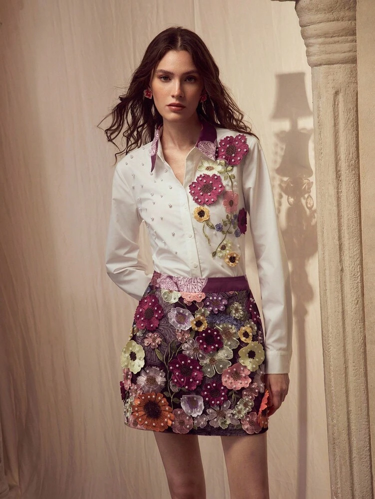 EMBROIDERED 3D COLORFUL FLORAL & FAUX PEARL DECOR SKIRT