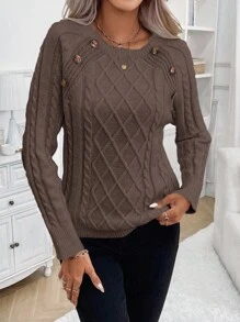 SHEIN LUNE Women's Casual Daily Simple Solid Color Button Detail Raglan Sleeve Cable Knit Sweater, Autumn/Winter Fall Cloth For Women - Mocha Brown - View 5
