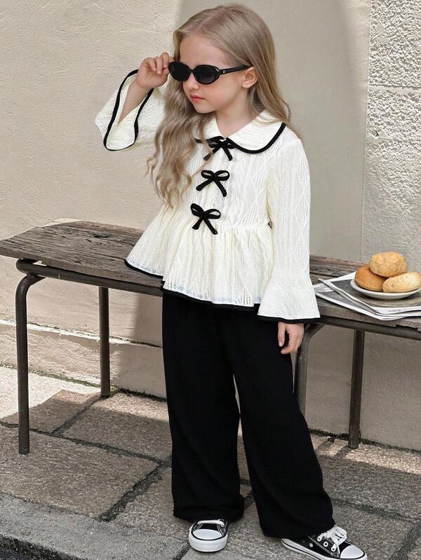 SHEIN 2pcs/Set Cute White Flare Sleeve Top With Black Bow Decor & Comfortable Black Casual Pants, Loose Fit Fall Winter