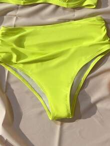 SHEIN Swim Summer Beach Ruched Push Up High Waisted Neon Bikini - Lime Green - View 3