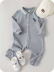 SHEIN Newborn Baby Boy/Girl Cute Cartoon Pattern Polo Collar Long Sleeve Romper, Autumn/Winter Baby Boys Outfit Baby Golf Outfit Baby Boy Going Home Outfit Baby Boy Dinosaur Outfit Fall