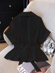 Franclia Áo thun nữ cổ chữ V màu trơn, có khóa kéo, eo rút, thoải mái mùa hè - màu đen - Xem 2