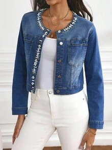 SHEIN Tall Women's Casual Washed Denim Jacket With Rivet And Rhinestone Decoration - Blue - View 3