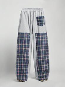 ROMWE MEN Street Life Men's Drawstring Waist Patchwork Plaid Pocket Wide Leg Pants, For Fall - Multicolor - View 9