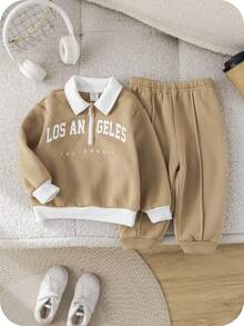 SHEIN Baby Boy/Girl Letter Pattern Knit Soft Contrast Collar Zip-Up Long Sleeve Sweatshirt And Pants Set Baby Boy Two Pieces Set Baby Boy Tracksuit Baby Boy Beige Outfit Baby Boy Los Angeles Outfit Fall Winter - Camel - View 2